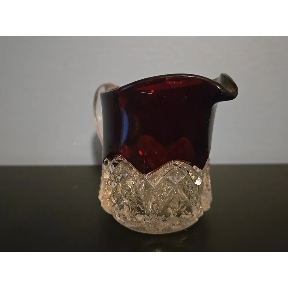 ANTIQUE EAPG GLASS CREAMER‎ RUBY DIAMOND FLASH RED TOP 2.5